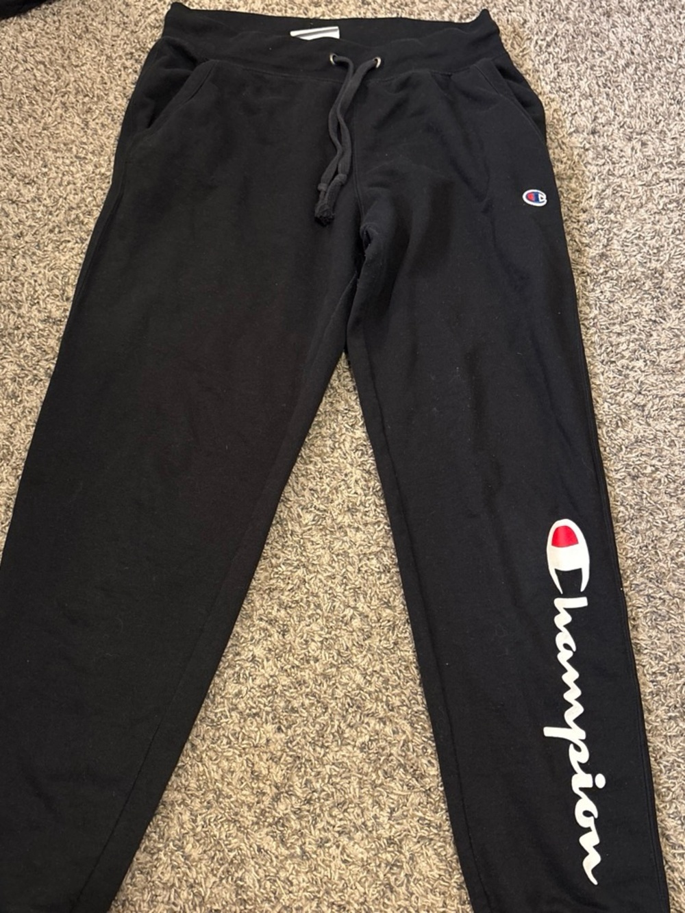 Champion Black Joggers with White Script and Red Logo Accent